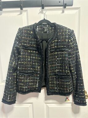 Tahari Black Tweed Crop Jacket with Multicolor Thread  & Sequins/Small